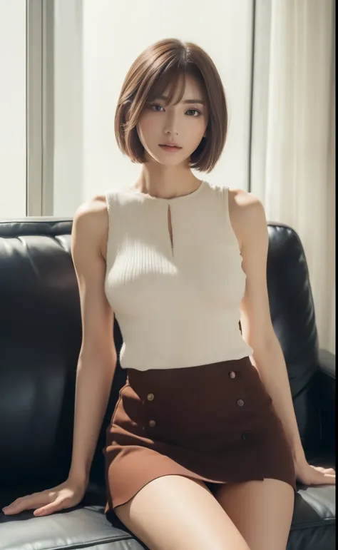 ((top quality、8K、​Masterpiece:1.3))、Beautiful woman with short hairstyle、1 female、big breasts:1.3、(toned abs、Slender body shape:1.1)、Passionate、Dark brown hair、(Sitting on the sofa、Cross your legs、skirt made of:1.1 )、Super detailed face、delicate lips、delic...