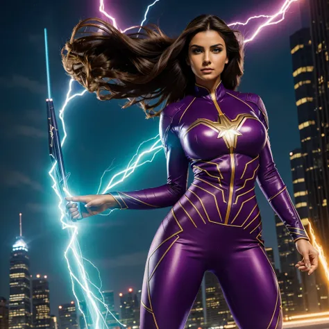 Step into the realm of superheroes as the brunette beauty transforms into a scintillating Marvel heroine, radiating power and allure with every step. Clad in a form-fitting fluorescent-colored suit, she embodies the essence of strength and elegance, her ga...