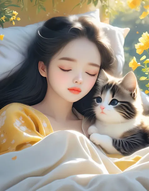 (best quality,4k,8k,hd,masterpiece:1.2),super detailed,realistic:1.37,illustration,studio ghibli inspired,bed scene,(girl,black ...