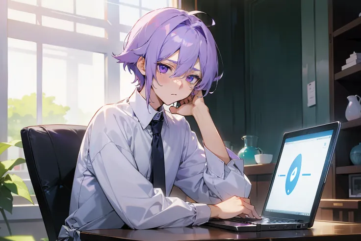 Inside the cafe、((I use a laptop)),((male))、(Anime boy looking troubled)、meditation、looking at the screen、20 years old、Upper body, medium shot,(front)、male, delicate purple eyes,One with light purple hair、pure white shirt、tie、long sleeve,、street frontage、