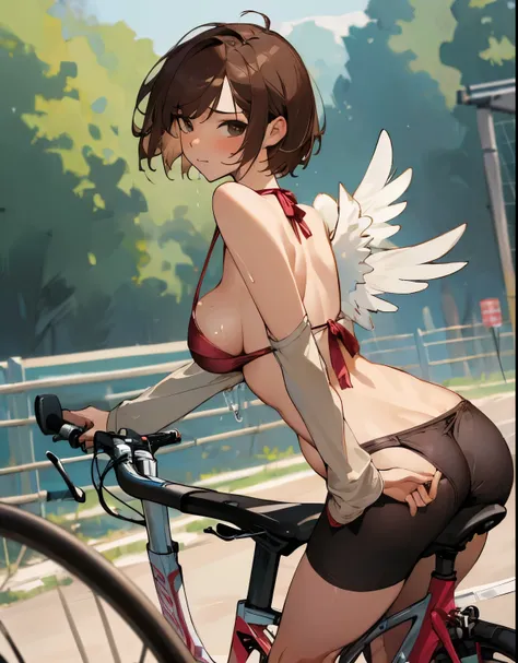 nsfw,(((masterpiece))), 1 girl, alone, looking at the viewer, short hair, brown hair, long sleeve, cleavage, medium breasts, closed mouth, clavicle, bikini, ground vehicle, play sports often, bicycle,(sexual fluid overflowing)、(angle from behind:1.5)、bicyc...