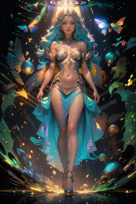 Guardian of the Enchanted Grovean armored woman with iridescent, wing-like pauldrons, standing tall amidst an ethereal grove of towering, luminescent mushrooms, the forest floor covered in sparkling dewdrops, a mystical aura emanating from her presence, th...