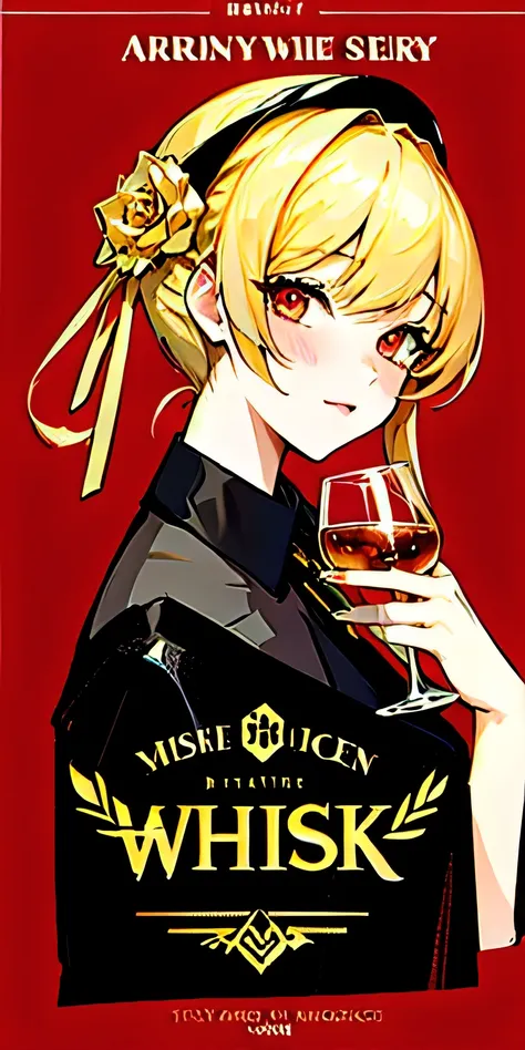 HIGH RESOLUTION Pattern with alcohol motif girl, same type eyes, the text to say "whiskey", girl