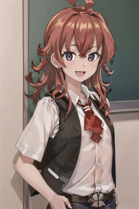 highest quality, masterpiece, High resolution, 一人in, (arashi_Fleet Collection:1.15), length_hair, red_hair, One_~ side_superior, Ahoge, Brown_eye, red面, ribbon, red_ribbon, vest, head_ribbon, light smile, chest, black_vest, blouse, 1 girl, alternine_costum...