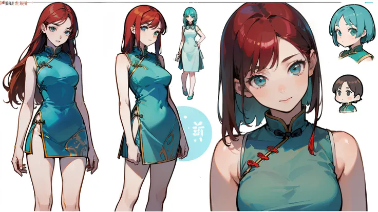 ((highest quality)), ((masterpiece)), ((realistic)) 19 years old, redhead girl, shoulder length hair, relaxed and happy face ((thin)) (Big breasts), ((( Chinese dress turquoise blue short dress))) (((mini skirt))) ((sexy dress)) Odango hairstyle (((detaile...