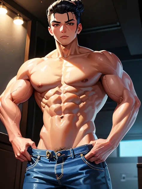 The prompt for the given theme "14 years old cute Asian boy, eight-pack abs teen, bodybuilder body, shirtless jeans pants, unique bun hair slicked back" cAn be: Asian teenager with a stunning physique and charming look, shirtless, wearing jeans pants, show...