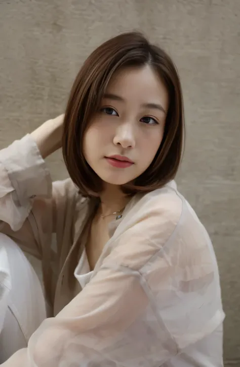 (top-quality、8k、32k、​masterpiece、UHD:1.2)、Photo of a cute Japanese woman、large full breasts、The upper part of the body、sface focus、oversized_sweater、simple background、From  above、looking at the viewers、top-quality、​masterpiece、Hi-Res、1 girl、、Beautiful face...