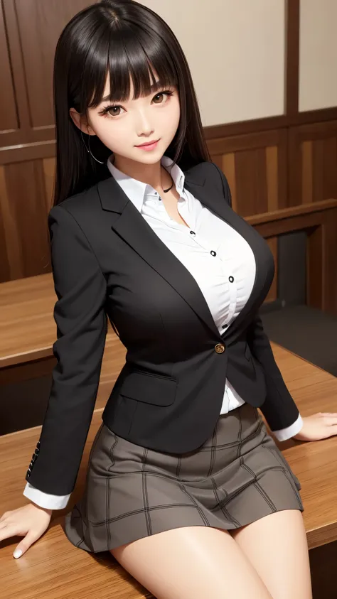 ((high quality)), ((table top)), (detailed face), (highlight), female、Big breasts、blunt bangs、black hair、skirt、blazer