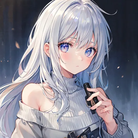 (best quality,4k,highres,masterpiece:1.2),gray hair,silver eyes,messy hair,off-the-shoulder,sweatshirt,medium,ultra-detailed,realistic:1.37,portrait,soft colors,warm lighting,aged appearance,grey color palette,vibrant eyes,freckles,long flowing strands,wis...