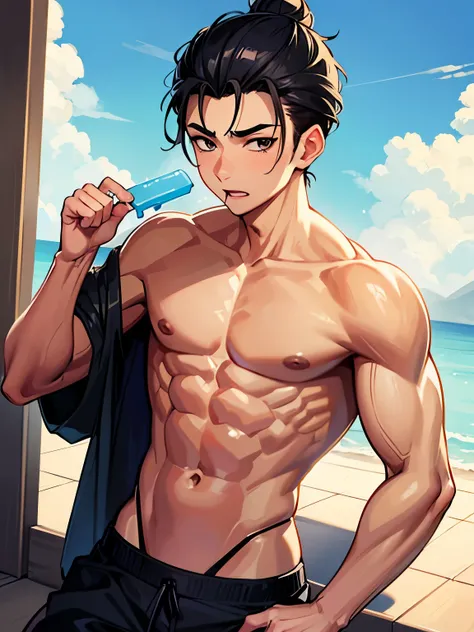 14 years old cute Asian boy, eight-pack abs teen, bodybuilder, muscle boy Eating popsicles, body smeared with ice cream unique bun hair slicked back 