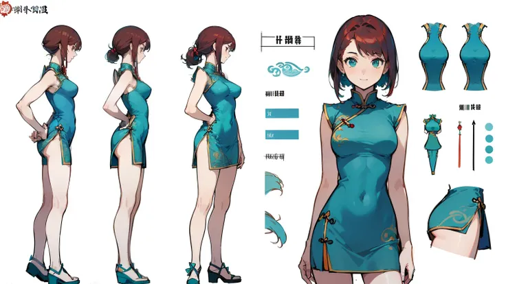 ((highest quality)), ((masterpiece)), ((realistic)) 19 years old, redhead girl, shoulder length hair, relaxed and happy face ((thin)) (Big breasts), ((( Chinese dress turquoise blue short dress))) (((mini skirt))) ((sexy dress)) Odango hairstyle (((detaile...