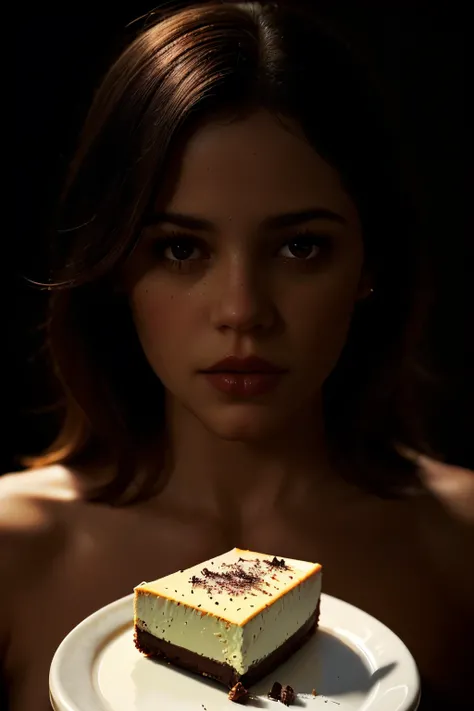 Photorealistic Appetizing slice of cherry cheesecake with chocolate, delicious, fragrant, close-up, highly detailed, intricate detail, raw photo, lifelike rendering, immersive atmosphere, chiaroscuro, moody lighting, jortega ((covered in cheese cake))