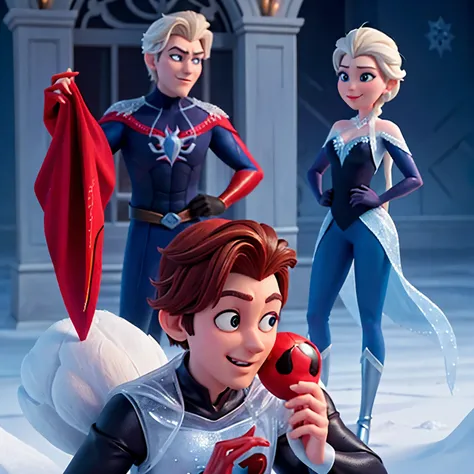 Crie uma imagem do homem aranha beijando a Elsa do filme frozen