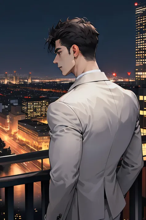 1 man,masterpiece,highest quality, ultra high resolution, evening,cityscape,Depth of the bounds written, short black messy hair, just bad, suit