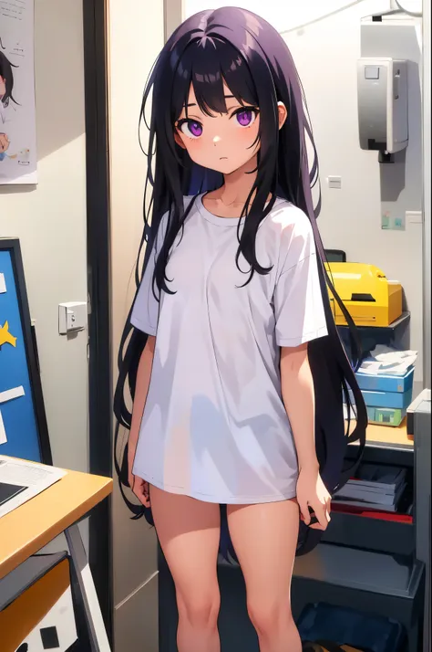 living　elementary school girl　8-year-old　flat chest　black hair　long hair　eyes are purple　（（1 person））　baggy white t-shirt on the...