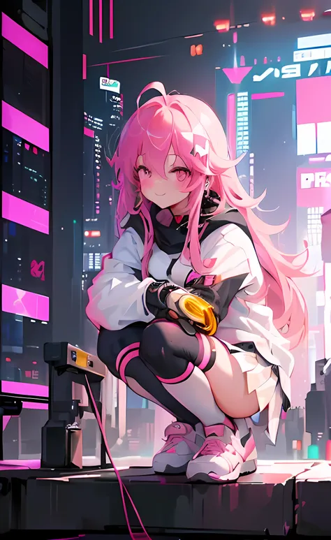 (masterpiece), (highest quality), (shiny skin), 1 girl, white hoodie, black skirt, pink hair, long hair, straight hair, Princess hairstyle, Ahoge, pink eyes, ,white long knee socks,smile,(Cute Girl Pose:1.5),night view,city,(cyberpunk megacity:1.5),Sports ...