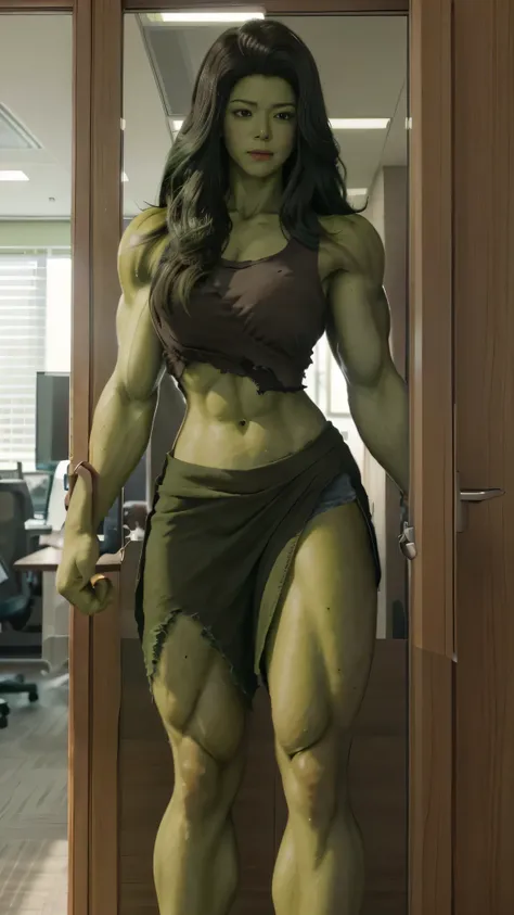 girl,best quality,green skin,hulk girl,smashing through door in office,torn clothes,,abs, she hulk, she - hulk, muscular female,...