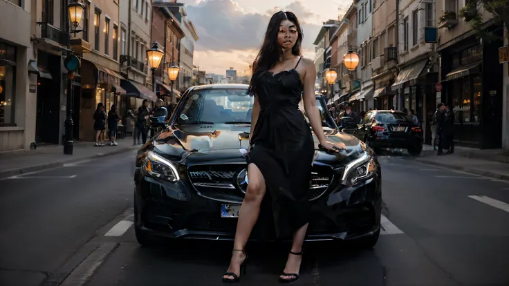 realistic, beautiful girl, Asian appearance, in a beautiful long black dress, standing in the middle of the street, against the background of a black Mercedes with the headlights on. 