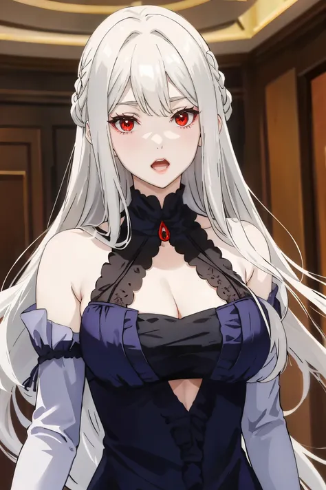 drees,  Busty, best quality, (masterpiece:1.2), highly detailed, red eyes, silver hair,
1girl,  looking at viewer, light smile, open mouth,indoor, room, close up face, 