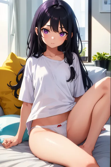 living　elementary school girl　8-year-old　flat chest　black hair　long hair　eyes are purple　（（1 person））　Baggy white T-shirt on the upper body　lower body white panties（（White panties are visible））　barefoot　sitting on the sofa　I can see white panties　dynamic a...