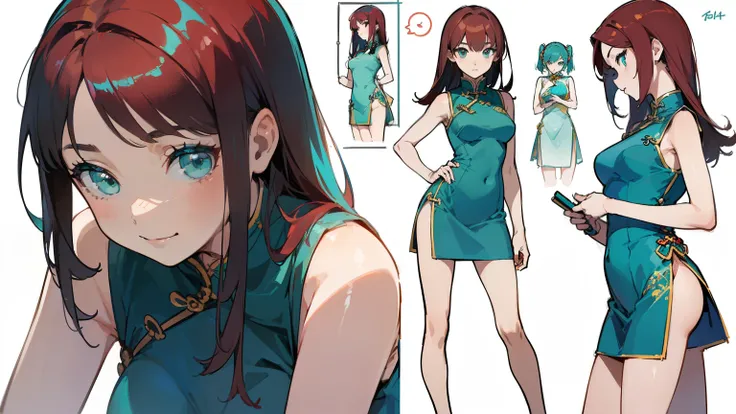 ((highest quality)), ((masterpiece)), ((realistic)) 19 years old, redhead girl, shoulder length hair, relaxed and happy face ((thin)) (Big breasts), ((( Chinese dress turquoise blue short dress))) (((mini skirt))) ((sexy dress)) Odango hairstyle (((detaile...