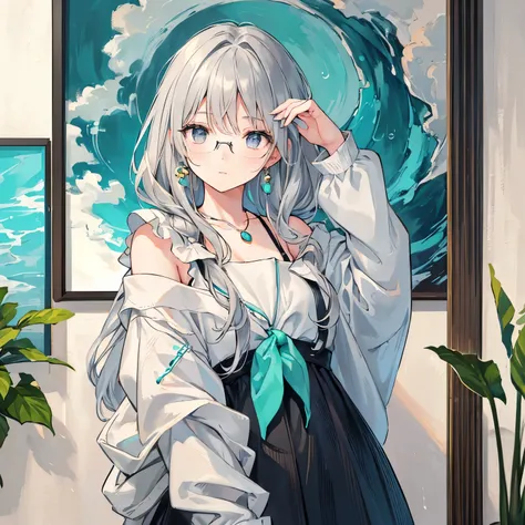 A girl with gray hair and silver eyes is depicted in the painting. Her hair is messy and falls over her shoulders. She is wearing an off-the-shoulder sweatshirt. The medium used for the artwork is ideal for creating ultra-detailed and realistic portraits. ...