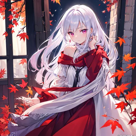 With Silver Hair,red-eyed,long dress,night,autumn leaves,off shoulder,neckless,dress,neck scarf,(best quality,4k,8k,highres,masterpiece:1.2),ultra-detailed,(realistic,photorealistic,photo-realistic:1.37),HDR,UHD,studio lighting,ultra-fine painting,sharp fo...