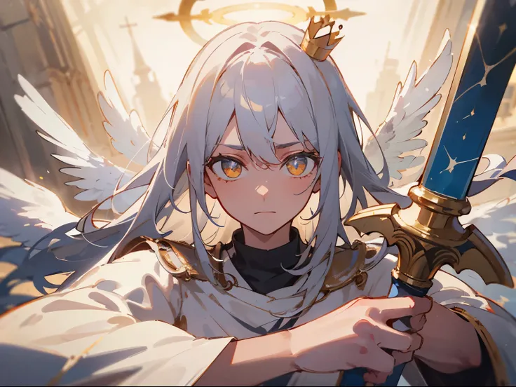 ((best quality)), ((masterpiece)), (detailed), perfect face，white-haired boy，golden eyes，angel wings，Crown of Thorns Halo，medieval castle，like a girl，Holding the Holy Sword