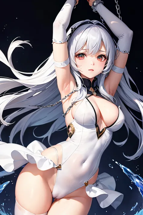 （（high quality、masterpiece、detailed、normal body、５This finger、Precise、delicate））、Magical girl（（silver hair、Colored leotard armor with white as the base color、super uper high leg、Super racy、sling leotard、transparent leotard、iron collar、torn leotard、torn leot...