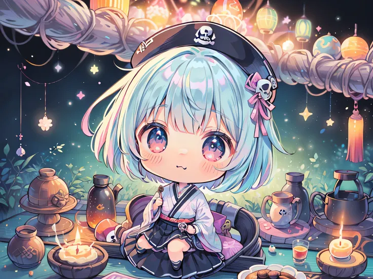 (table top),(highest quality),(floating),(High resolution),(dynamic angle),(beautiful japanese woman),(cute, cute, small, Chibi:1.3),posture like a goddess，female pirate style、gray hair、bob cut、SKULL fashion、black skirt、pink ruffles、solo、skull pattern hat