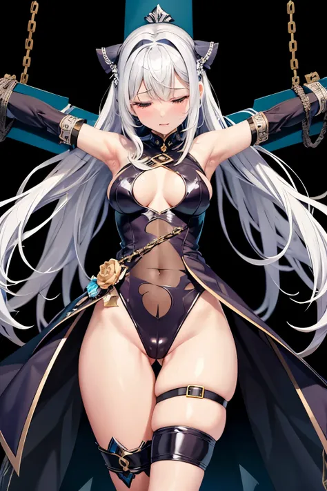 （（high quality、masterpiece、detailed、normal body、５This finger、Precise、delicate））、Magical girl（（silver hair、Colored leotard armor with white as the base color、super uper high leg、transparent leotard、iron collar、torn leotard、torn leotard、Estrus、Aphrodisiac ef...