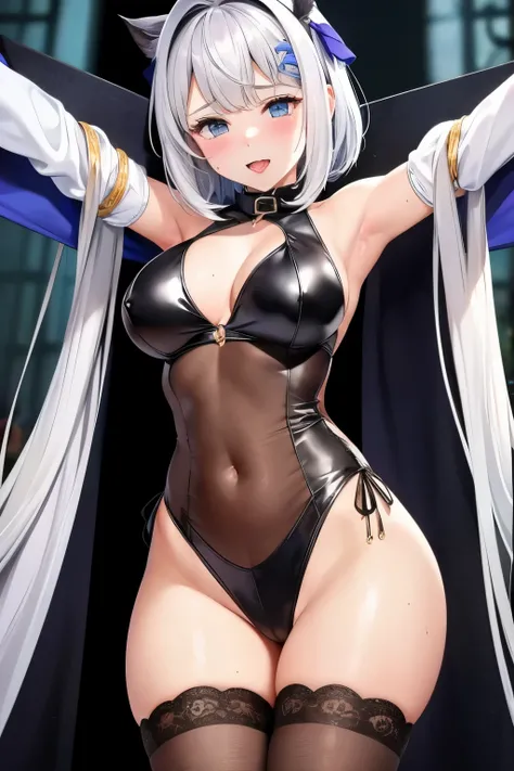 （（high quality、masterpiece、detailed、normal body、５This finger、Precise、delicate））、Magical girl（（silver hair、white and blue leotard armor、super uper high leg、transparent leotard、iron collar、torn leotard、torn leotard、Estrus、Aphrodisiac effect、Erogenous zone se...