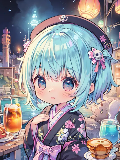 (table top),(highest quality),(floating),(High resolution),(dynamic angle),(beautiful japanese woman),(cute, cute, small, Chibi:1.3),posture like a goddess，female pirate style、gray hair、bob cut、skull fashion、alone、skull pattern hat