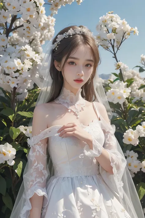 best quality、tmasterpiece、ultra high resolution、actual、1 girl、Glossy skin、((Surreal detailed))、Global photo、8K、Highly complex details、shinning eyes、Elegant pose、White ultra-thin transparent lace、Lots of flowers in the background