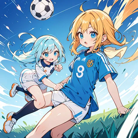 Pretty, cute little anime girl, orange soccer jersey, medium length blonde hair, and, a young tall handsome anime boy, light blue and white soccer jersey, with medium length light blue hair, playing against each other on a soccer field, lots of details,