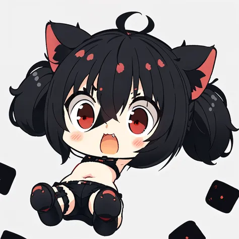 1girl, (chibi:1.4), (angry expression), upper body, lying on bed, ((black pigtails with cat ears , red eyes)) , indoors