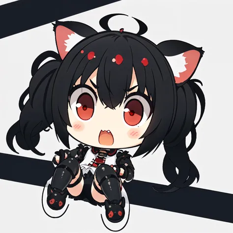 1girl, (chibi:1.4), (angry expression), upper body, lying on bed, ((black pigtails with cat ears , red eyes)) , indoors