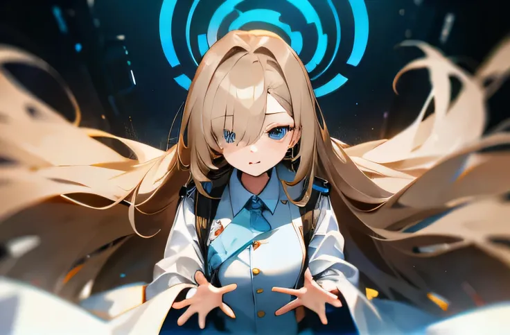 front view, looking at you, POV, holding both your hands, light brown hair,blue eyes,very long hair,hair over one eyes,halo, white shirt, uniform