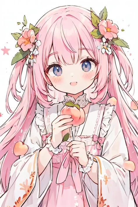 absurd, High resolution, (anime style:1.1), ((highest quality)), (Super detailed), (beautiful)、(lift),cute、holding a peach in your hand、Peach on the background,pink hair color、Holding up a peach,smile