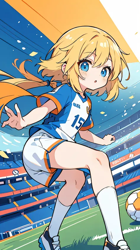 Pretty, cute little anime girl, orange soccer jersey, medium length blonde hair, and, a young tall handsome anime boy, light blue and white soccer jersey, with medium length light blue hair, playing against each other on a soccer field, lots of details,