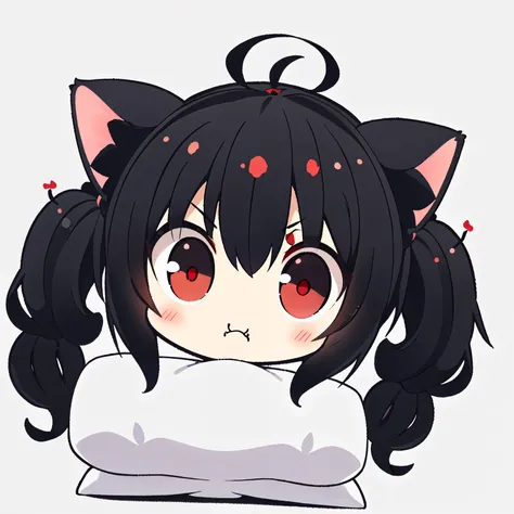1girl, (chibi:1.4), (angry expression, annoyed, closed mouth), upper body, lying on bed, ((black pigtails with cat ears , red eyes)) , indoors