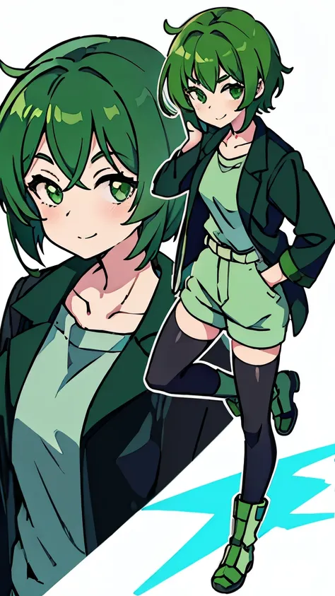 green hair, short hair, smirk, anime style, tachi-e, UHD, high details, high quality，Vertical painting style，White background，individual，girl，full body portrait，side shot，green short hair，green eyes，black jacket，giggle