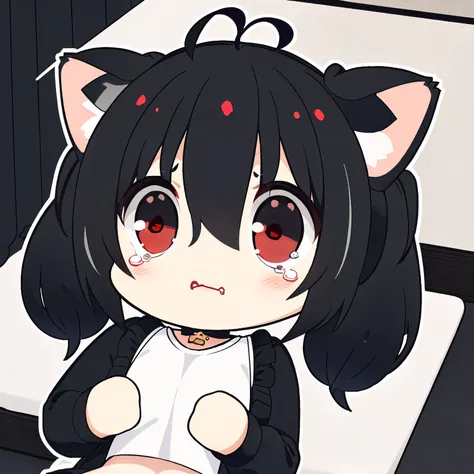 1girl, (chibi:1.4), (sad expression, tears in eyes), upper body, lying on bed, ((black pigtails with cat ears , red eyes)) , indoors