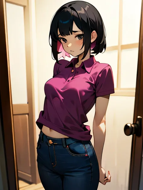 No bra, lower body, Japanese, very short, pubic hair, beautiful breasts, embarrassing, shyness, worries, beautiful breasts, black hair, changing room, changing clothes, standing, arms, hands on chest, magenta polo shirt, jeans, small breasts