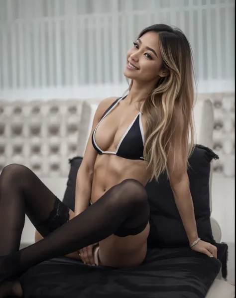 Young Thai woman, Fit physique, fitness physique, portant de la lingerie noire sexy, watch on the canapé, les jambes ouvertes, corps sexy, (8K), (best quality), (chef-d&#39;artwork:1.3), (Realistic), (photorealistic:1.34), Ultra-detailed, [Beautiful detail...