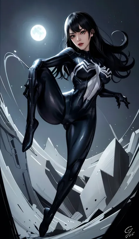 4K，realisticlying，Glamorous，charming，mature，The very detailed，There a girl in Dingcheng，Wearing a black Spider-Man costume（Spider-Man Venom Black Suit），（Black and white：1.4） the night,symbiote，venomize，poison，a large amount of mucus,she a spiderman，she a s...