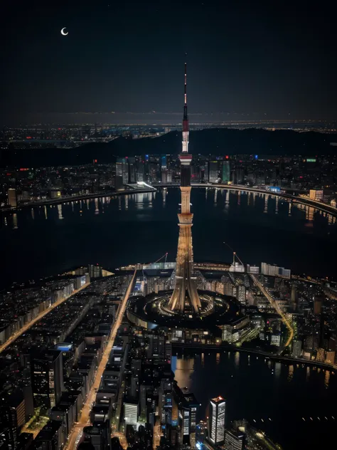 Super clear night view of Tokyo、Skytree and Tokyo buildings reflected on the river surface、The night view is super beautiful、Crescent Moon、shooting star、real image、High quality video、