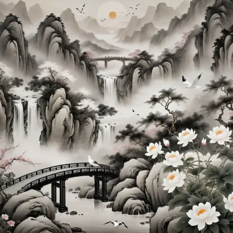 best quality,8k,cg,falls,flowers,sun,mountain,seagull,bridge,chinese ancientpaintings,traditional chinese ink painting,black and...