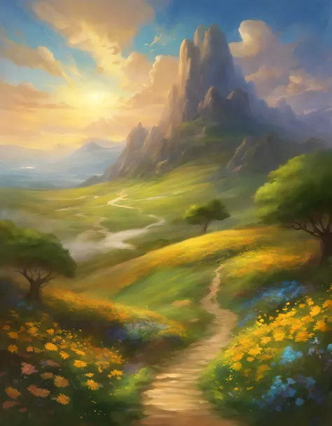 work of art, A mountainous landscape, with a wide open sky. A man standing on the top of a hill, looking towards the horizon.
Plants and flowers that grow around man. Clouds in the sky, some dark and others illuminated by the sun. A path that winds down th...