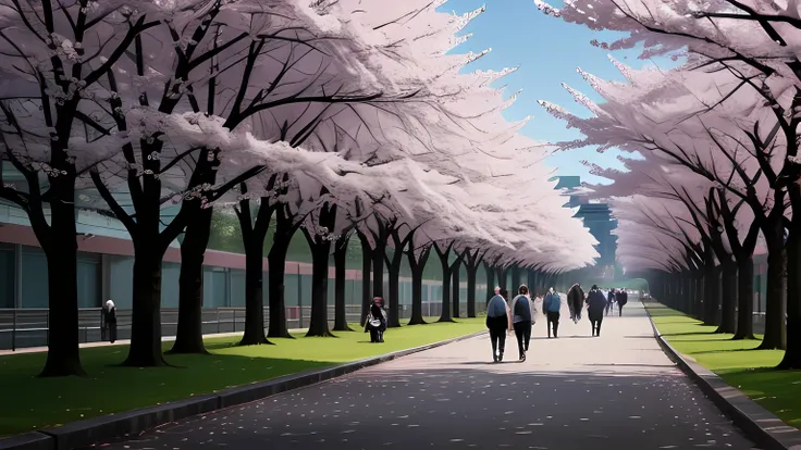 A row of cherry blossom trees in full bloom crowded with office workers going to work and students going to school